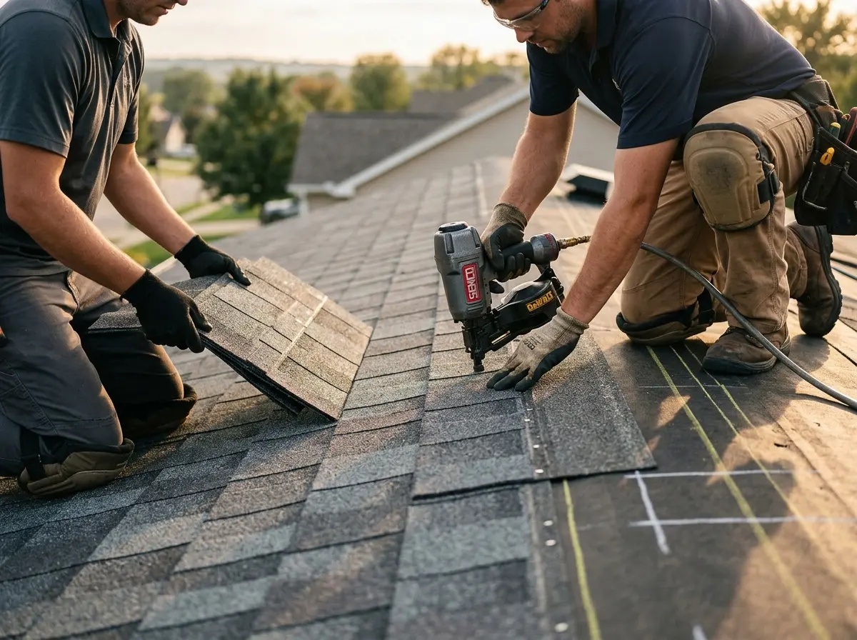 Professional roofer working on a residential roof in Pleasant Garden